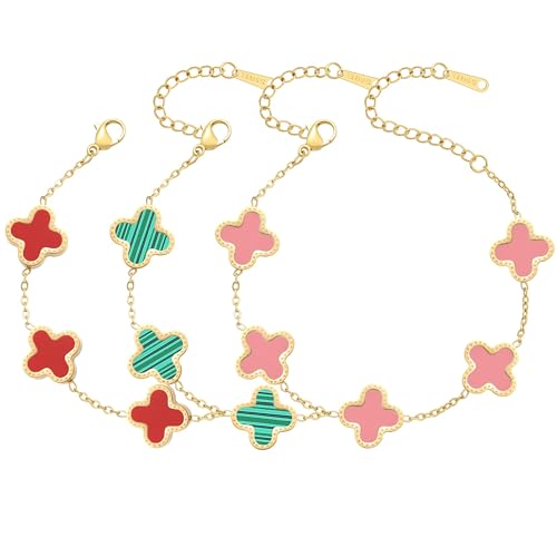 AIPPK 18K Gold Plated Clover Bracelet Set for Women Fashion Simple Four Leaf Lucky Flower Bracelets Jewelry Gifts for Women 3Pcs (Red+Green+Pink) - Image 1