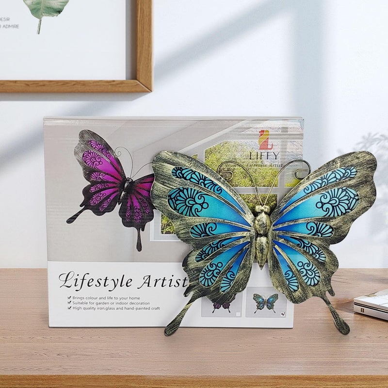 LIFFY Metal Butterfly Outdoor Decor 12"" Hanging Glass Butterflies Wall Decor Garden Art Decorative Ornaments Outside Indoor Home Decor for Living Room Bedroom Patio Fence, Blue - Image 3