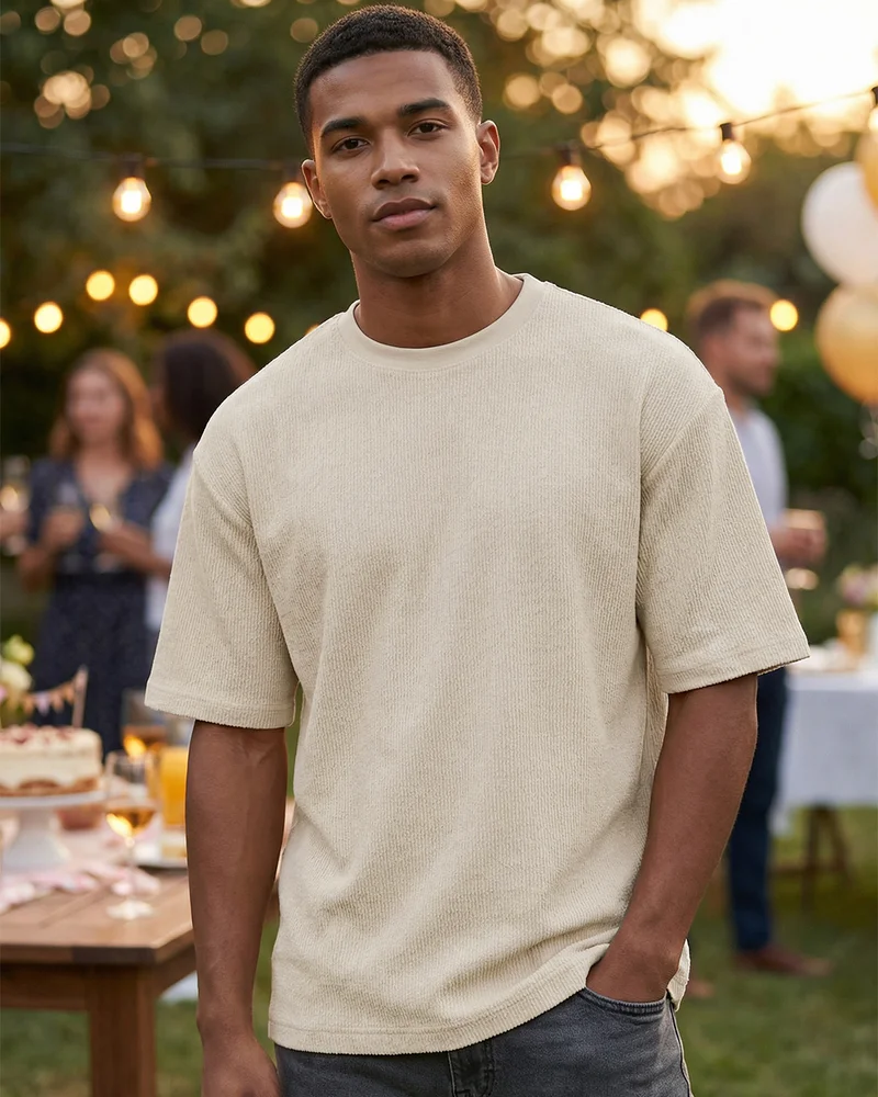 بيواكوف Men's Gardenia Textured Oversized T-shirt