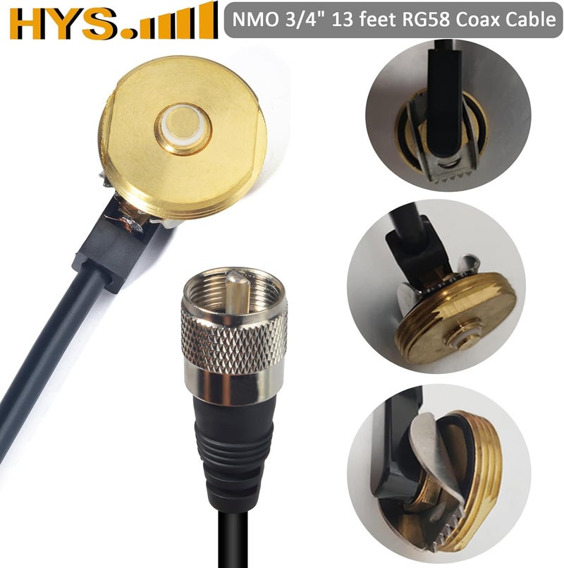 HYS TCJ-N1 3/8" to 3/4" Hole Mount with 13'/About 4m RG-58 Coax Cable NMO to PL259 for All NMO VHF/UHF/CB Radio Antenna - Image 2