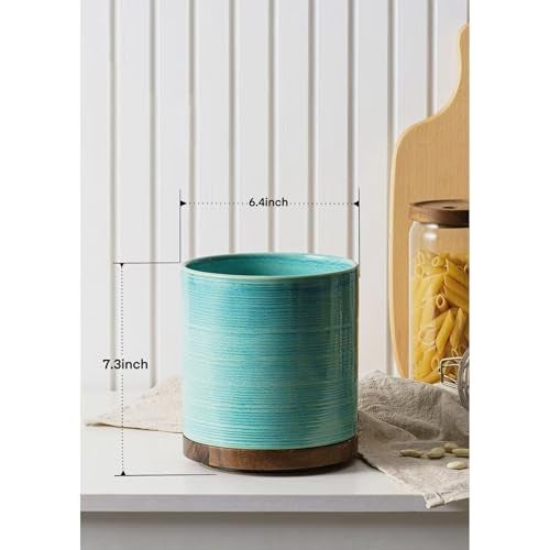 MIKIGEY Utensil Holder, 360° Rotating Extra Large Ceramic Kitchen Utensil Holder for Countertop, Cooking Utensil Crocks for Counter with Rotatable Wooden Base, Farmhouse Kitchen Decor, Green - Image 4