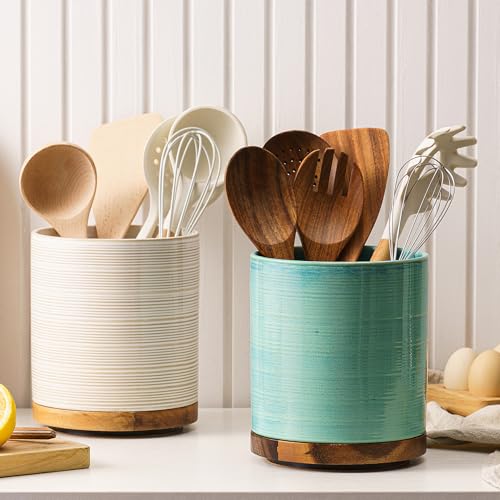 MIKIGEY Utensil Holder, 360° Rotating Extra Large Ceramic Kitchen Utensil Holder for Countertop, Cooking Utensil Crocks for Counter with Rotatable Wooden Base, Farmhouse Kitchen Decor, Green - Image 3