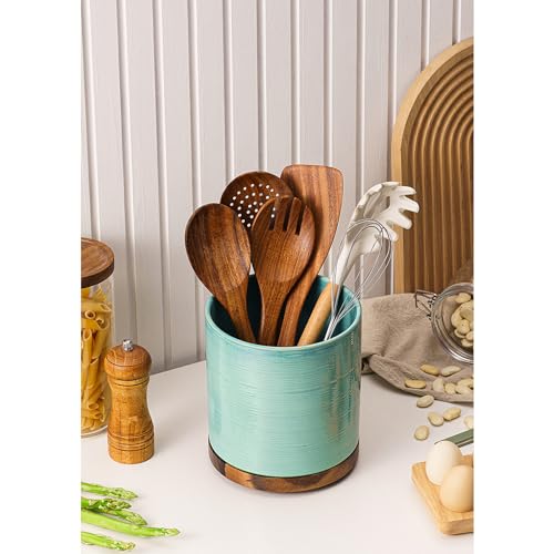 MIKIGEY Utensil Holder, 360° Rotating Extra Large Ceramic Kitchen Utensil Holder for Countertop, Cooking Utensil Crocks for Counter with Rotatable Wooden Base, Farmhouse Kitchen Decor, Green - Image 5