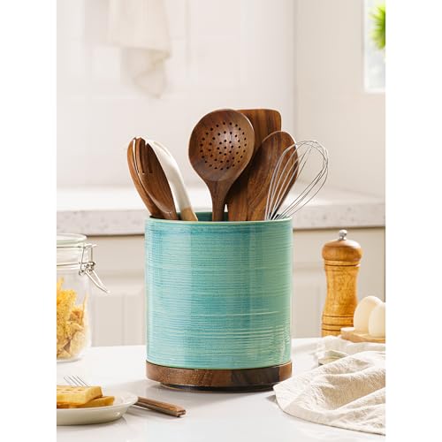 MIKIGEY Utensil Holder, 360° Rotating Extra Large Ceramic Kitchen Utensil Holder for Countertop, Cooking Utensil Crocks for Counter with Rotatable Wooden Base, Farmhouse Kitchen Decor, Green - Image 2