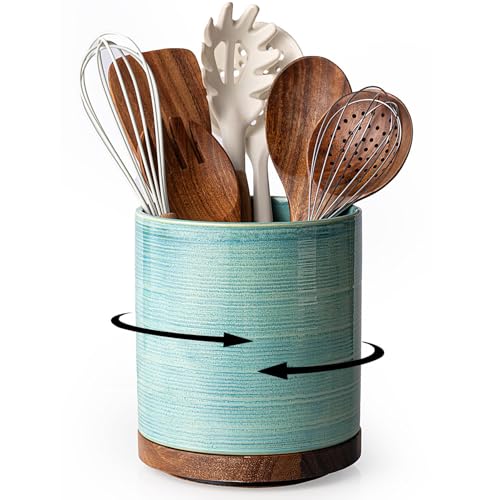 MIKIGEY Utensil Holder, 360° Rotating Extra Large Ceramic Kitchen Utensil Holder for Countertop, Cooking Utensil Crocks for Counter with Rotatable Wooden Base, Farmhouse Kitchen Decor, Green - Image 1