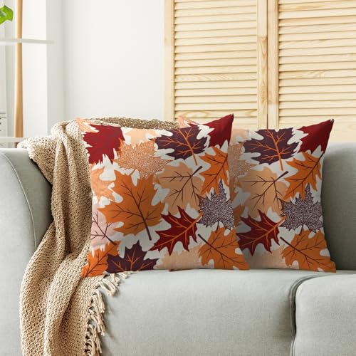 Smozenith Fall Pillow Covers 18X18 Set of 2 Maple Leaf Autumn Colored Burnt Orange Leaves Harvest Thanksgiving Throw Pillowcases Holiday Theme Seasonal Outdoor Farmhouse Cushion Cases Couch Sofa Bed Decor - Image 3
