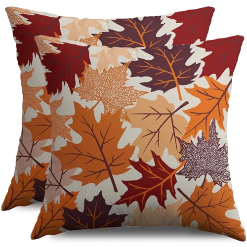 Smozenith Fall Pillow Covers 18X18 Set of 2 Maple Leaf Autumn Colored Burnt Orange Leaves Harvest Thanksgiving Throw Pillowcases Holiday Theme Seasonal Outdoor Farmhouse Cushion Cases Couch Sofa Bed Decor - Image 1