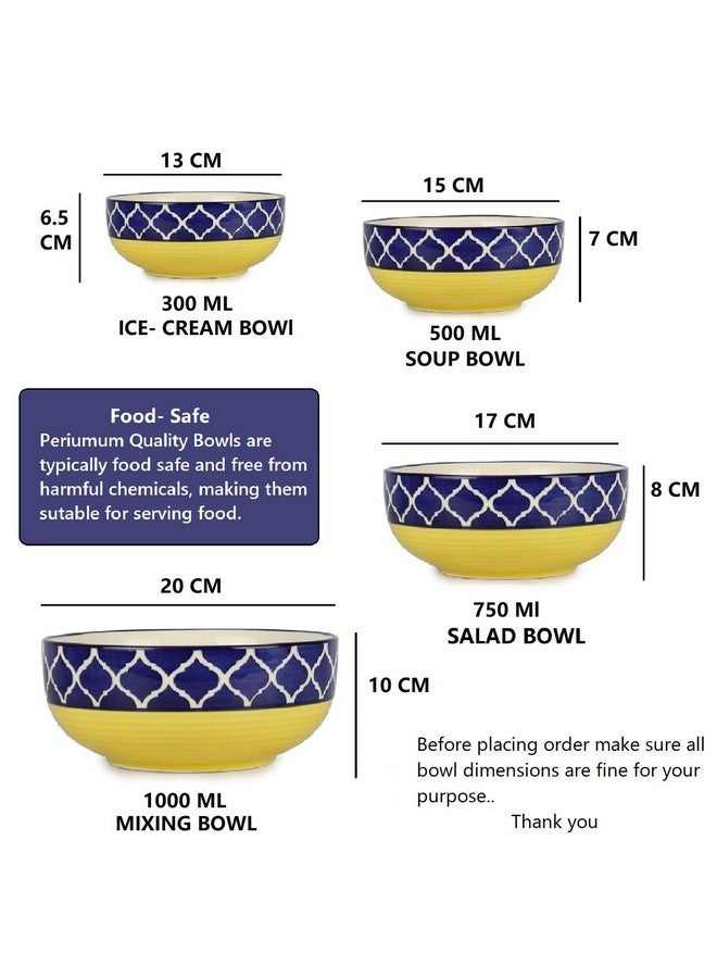 SEPARATE WAY Ceramic Mixing Bowl Set - Moroccan Pattern Yellow Blue, 1000ML, 750ML, 500ML & 300ML, Serving & Salad Bowl Set - Image 4
