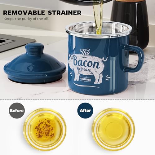 PGYARD Mini Bacon Grease Container With Strainer - 15OZ Enamel Grease Saver, Farmhouse Bacon Grease Keeper For Kitchen Fat Storage, Dishwasher Safe-Blue - Image 4
