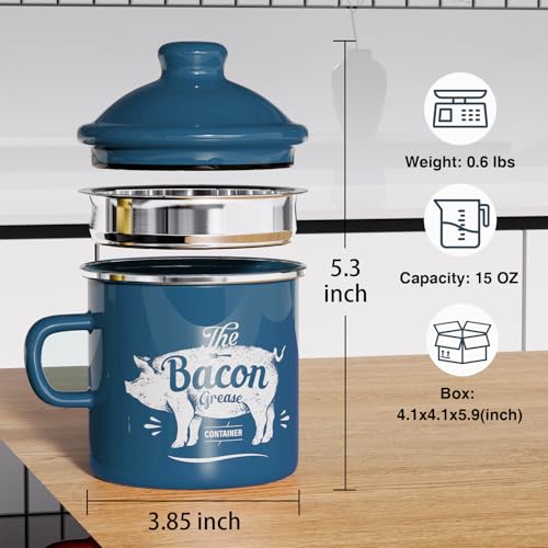 PGYARD Mini Bacon Grease Container With Strainer - 15OZ Enamel Grease Saver, Farmhouse Bacon Grease Keeper For Kitchen Fat Storage, Dishwasher Safe-Blue - Image 2