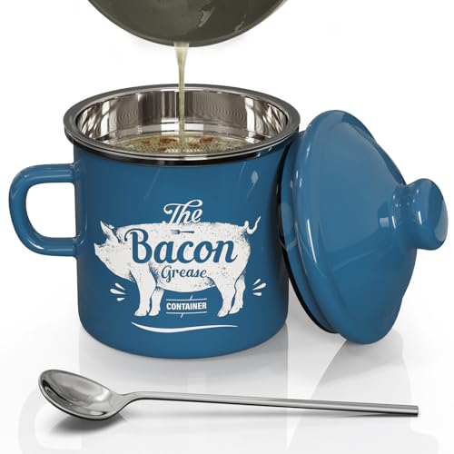 PGYARD Mini Bacon Grease Container With Strainer - 15OZ Enamel Grease Saver, Farmhouse Bacon Grease Keeper For Kitchen Fat Storage, Dishwasher Safe-Blue - Image 1