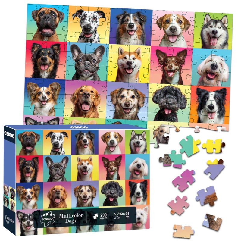 OSBOO Dog Puzzles for Kids Ages 6-8 8-10, 200 Pieces Jigsaw Puzzle for Kids and Adults, Multicolor Puppy Theme Puzzles for Children, Christmas Collection Gift - Image 1