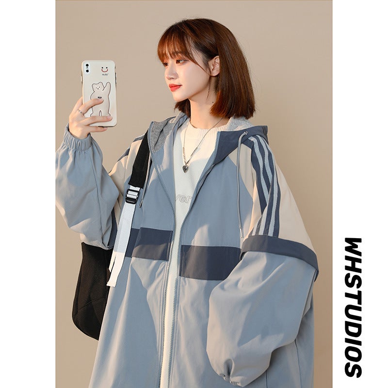 Supply Explosion Jacket Spring New Fashion Hong Kong Style Coat Color Matching Loose Top Youth Hooded - Image 1