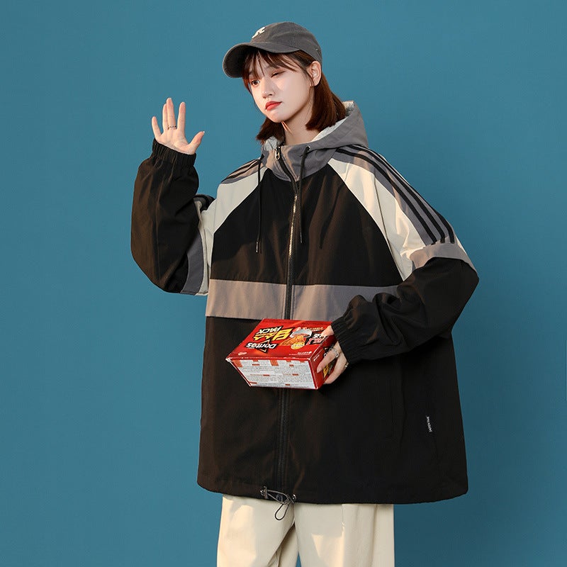 Supply Explosion Jacket Spring New Fashion Hong Kong Style Coat Color Matching Loose Top Youth Hooded - Image 4
