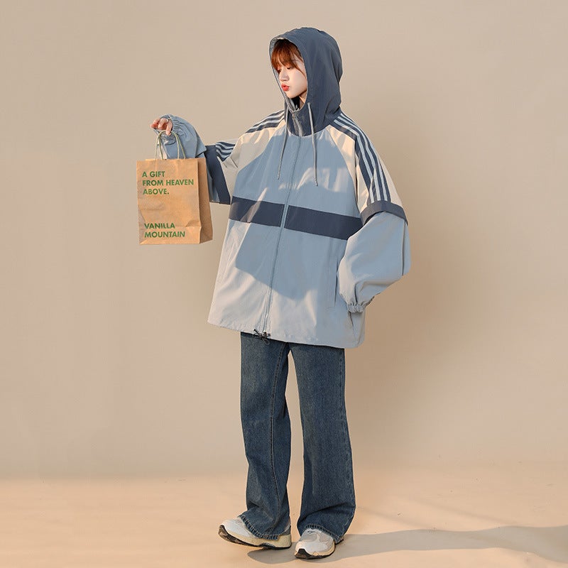 Supply Explosion Jacket Spring New Fashion Hong Kong Style Coat Color Matching Loose Top Youth Hooded - Image 2