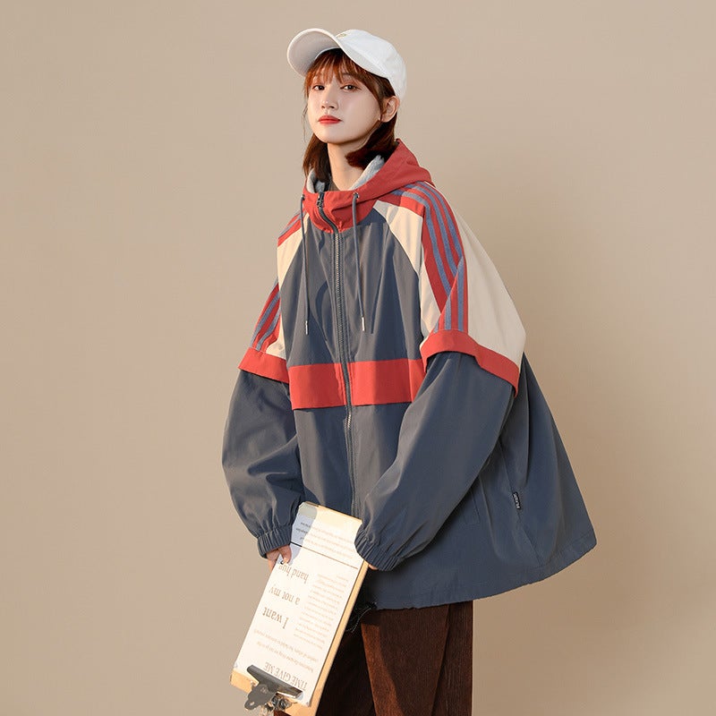 Supply Explosion Jacket Spring New Fashion Hong Kong Style Coat Color Matching Loose Top Youth Hooded - Image 3