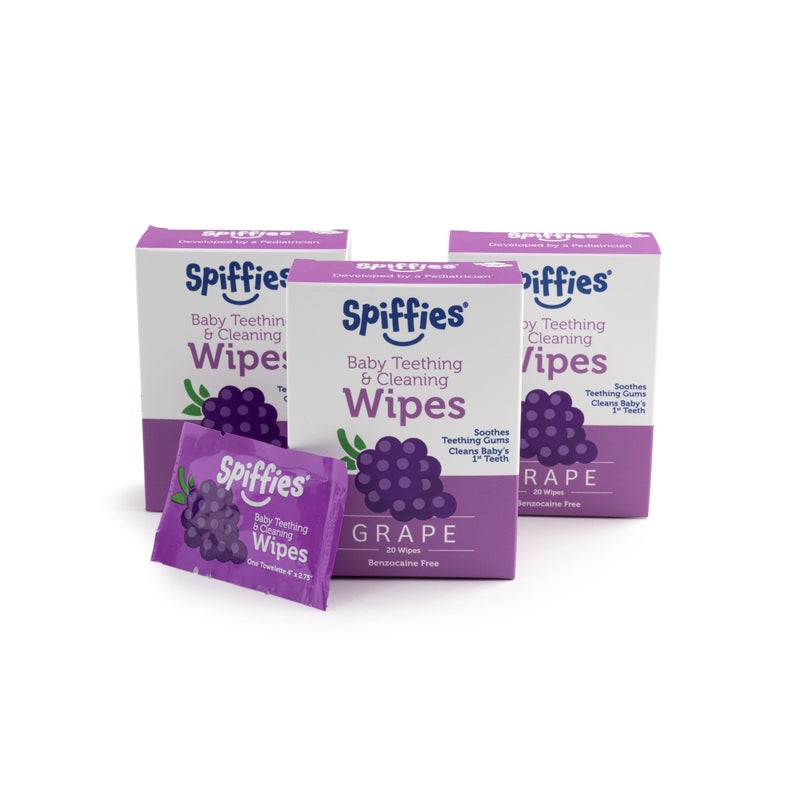 Spiffies Baby Oral Care Tooth Wipes - Gum & Teeth Wipe Tissues for Teething Relief & Cleaning Infant & Toddler Teeth - Baby Tooth Wipes w/Xylitol for Ages 0-12 Months & Up (Grape, 20 Count, 3 Pack) - Image 1