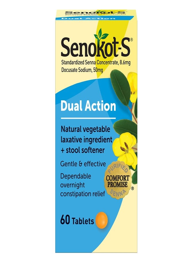 Senokot-S Dual Action 60 Tablets, Natural Vegetable Laxative Ingredient Plus Stool Softener Tablets, Gentle Dependable Overnight Relief Of Occasional Constipation White - Image 1