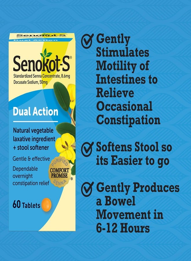 Senokot-S Dual Action 60 Tablets, Natural Vegetable Laxative Ingredient Plus Stool Softener Tablets, Gentle Dependable Overnight Relief Of Occasional Constipation White - Image 2