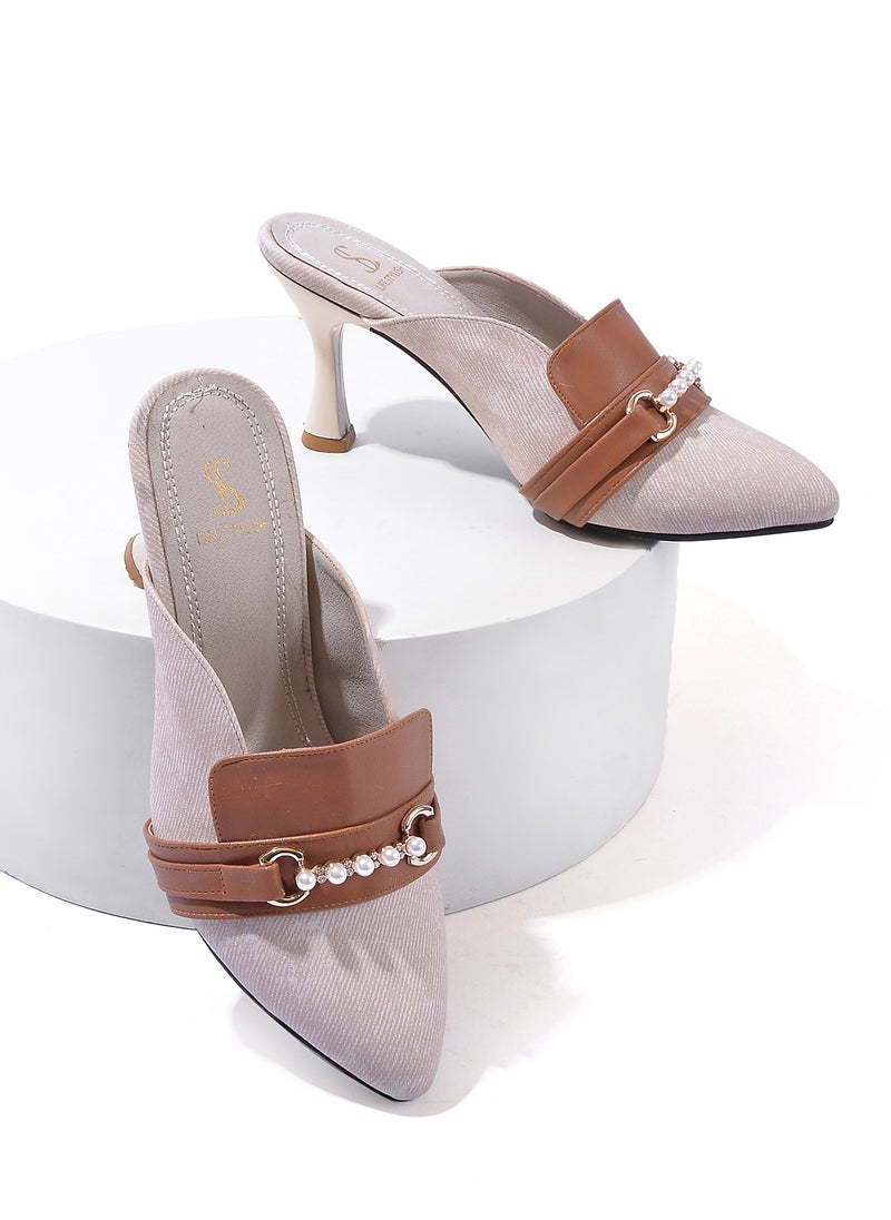 LIFESTYLISH - Shoes Heels Fabric And Leather F-10 - Beige - Image 1