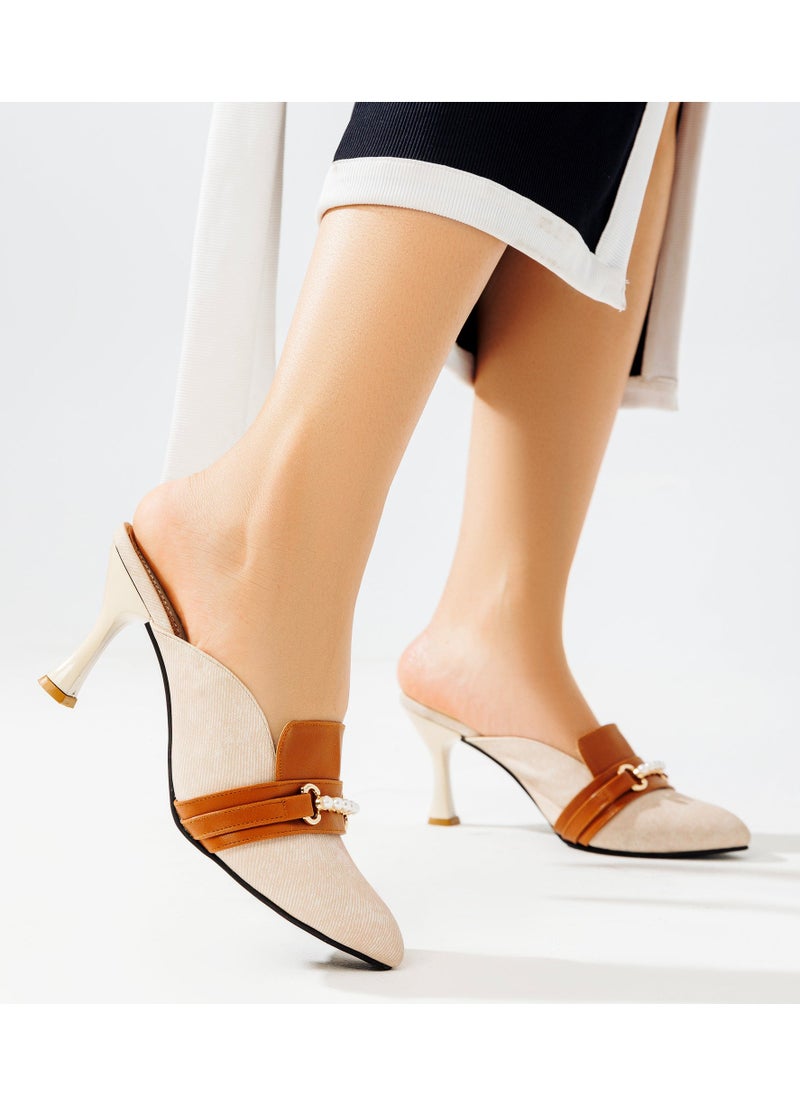 LIFESTYLISH - Shoes Heels Fabric And Leather F-10 - Beige - Image 1