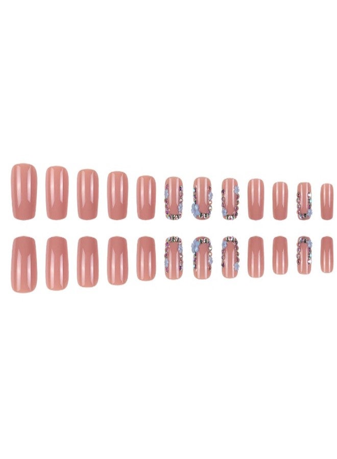 YoYoee 24-Piece Short Square Press on Nails - Daisy French False Nails | Crystal Gem Design Fake Nails for Women Elegant & Durable Artificial Nails for Instant Manicure - Image 3