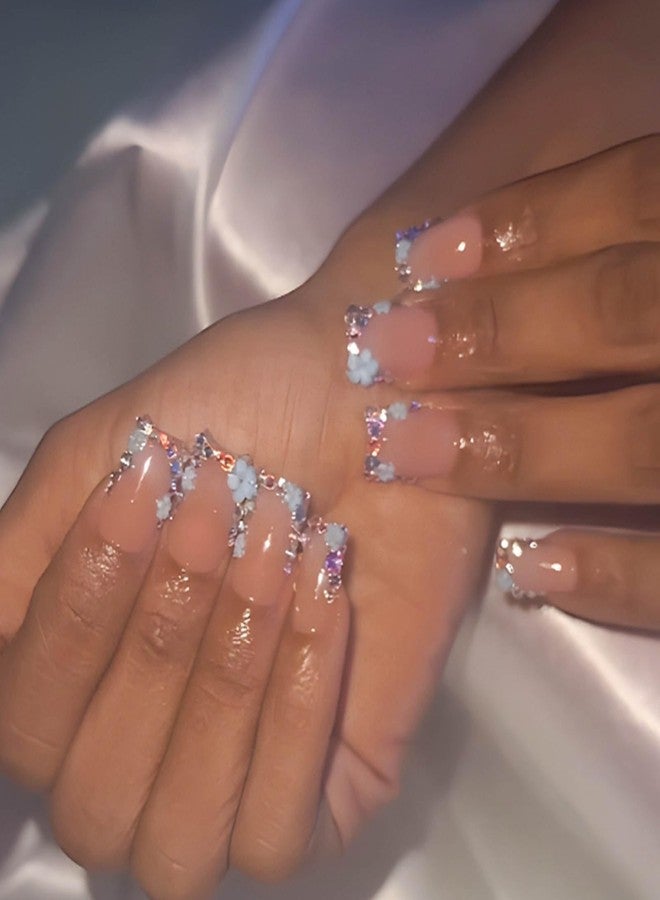 YoYoee 24-Piece Short Square Press on Nails - Daisy French False Nails | Crystal Gem Design Fake Nails for Women Elegant & Durable Artificial Nails for Instant Manicure - Image 1