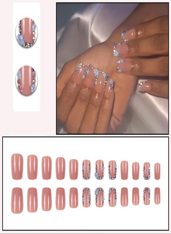 YoYoee 24-Piece Short Square Press on Nails - Daisy French False Nails | Crystal Gem Design Fake Nails for Women Elegant & Durable Artificial Nails for Instant Manicure - Image 2