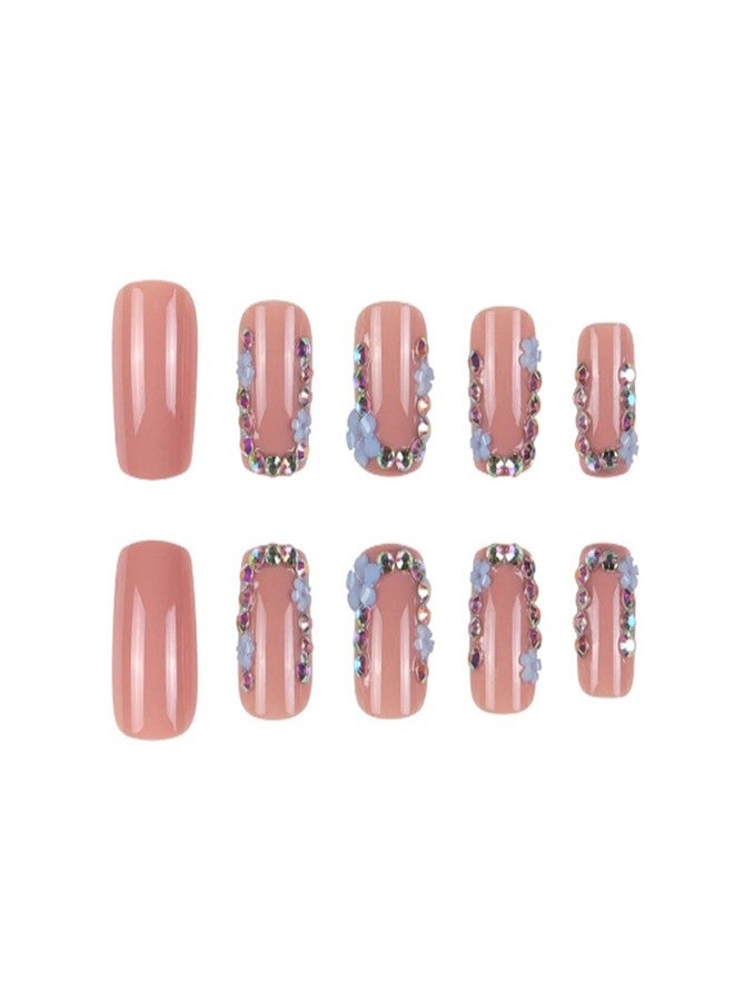 YoYoee 24-Piece Short Square Press on Nails - Daisy French False Nails | Crystal Gem Design Fake Nails for Women Elegant & Durable Artificial Nails for Instant Manicure - Image 4