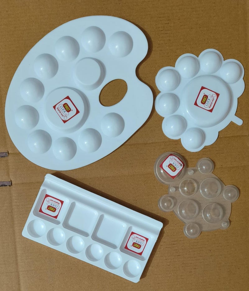 FIRST CLICK Painting Palettes for Art 301 no. 22X17 cm, Medium 16X9 cm & Flower Shaped 14X9.5 cm, Turtle Shape 13X9cm Palettes Set of 4 pcs Pure White Plastic - Image 3