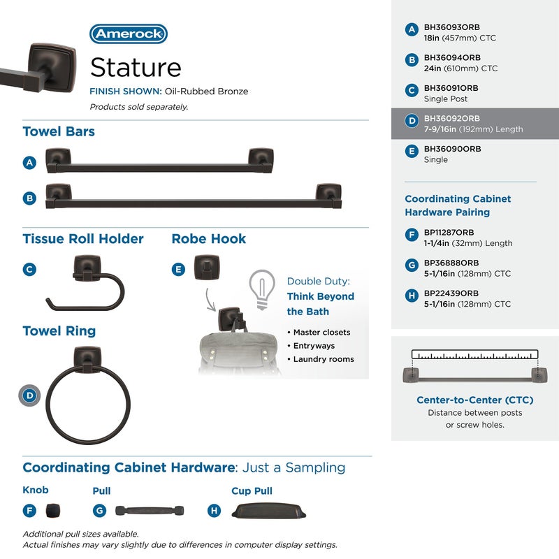 Amerock BH36092ORB | Oil Rubbed Bronze Towel Ring | 7-9/16 in (192 mm) Length Towel Holder | Stature | Hand Towel Holder for Bathroom Wall | Small Kitchen Towel Holder | Bath Accessories - Image 4