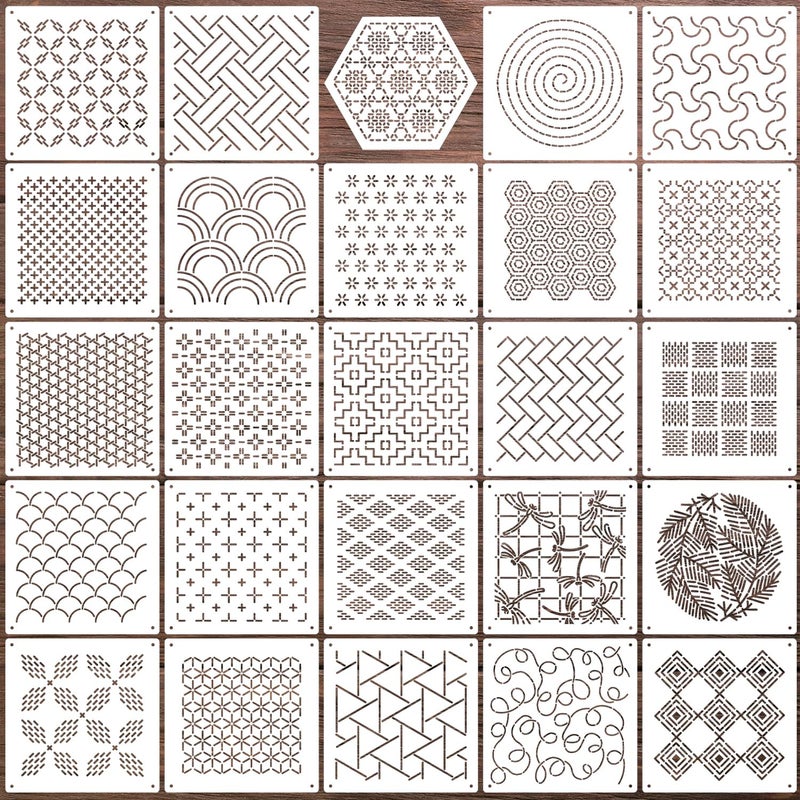SUNVERSE Sashiko Stencil Geometric Sashiko Pattern Template 4.7inch Drawing Line Quilting Stencils for Sewing Hand Quilting Embroidery - Image 1