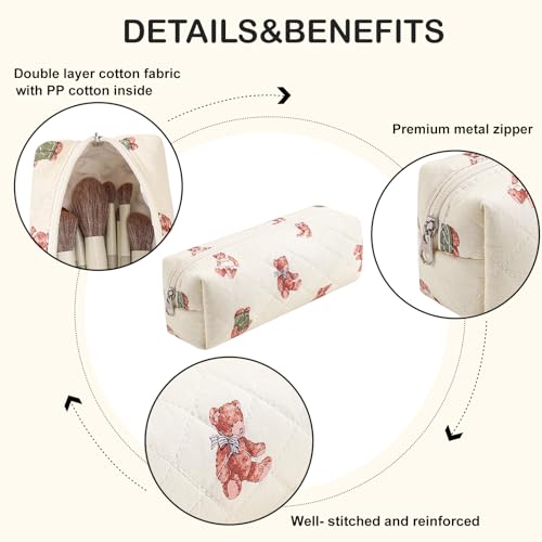 WHHJM Cute Floral Makeup Brush Bag Small Cotton Quilted Cosmetic Bag for Women Travel Toiletry Zipper Make Up Pouch (Bear) - Image 4