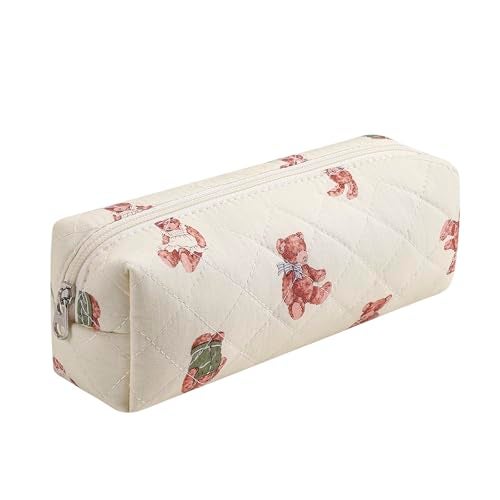 WHHJM Cute Floral Makeup Brush Bag Small Cotton Quilted Cosmetic Bag for Women Travel Toiletry Zipper Make Up Pouch (Bear) - Image 1