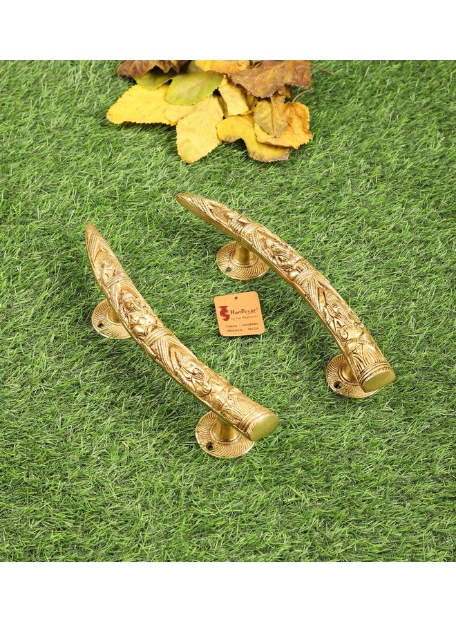 Two Moustaches Tuskar Style Ganesha Carving Brass Door Handle Pair (Antique Yellow) - 2 Pieces - Brass, Pull Handle - Image 3