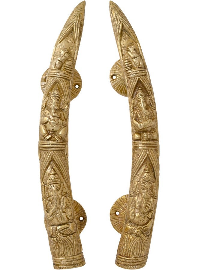 Two Moustaches Tuskar Style Ganesha Carving Brass Door Handle Pair (Antique Yellow) - 2 Pieces - Brass, Pull Handle - Image 1