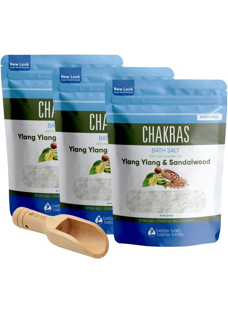 Better Bath Better Body Chakras Bath Salt 3 Pack with Scoop USP Epsom Salt with Natural Ylang Ylang and Sandalwood Essential Oils Plus Vitamin C in BPA Free Pouch with Easy Press Lock Seal Made in USA Bundle 6 Lbs Total 