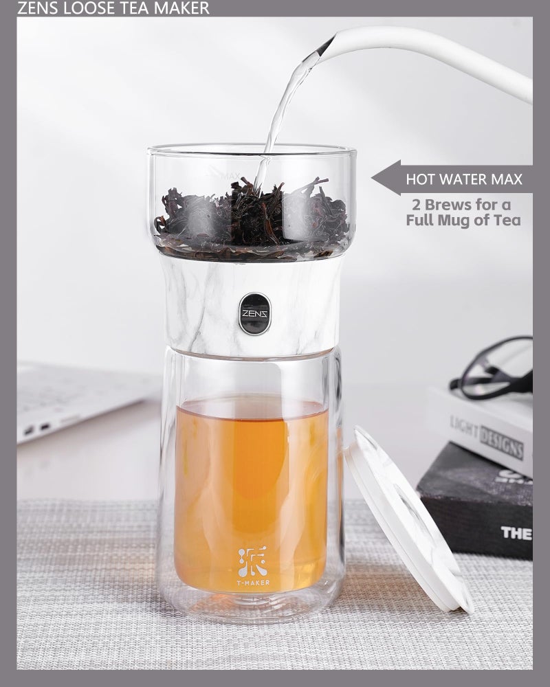 ZENS Modern One Touch Tea Maker, Glass Teapot with Infuser for Loose Leaf Tea Diffusers, Mess-Free Smart Pouring with Insulated Mug and Portable Tea Kits for Tea Lover Gifts - Image 3