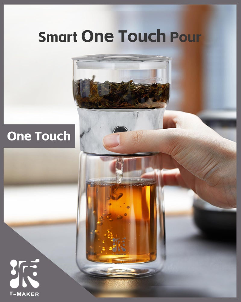 ZENS Modern One Touch Tea Maker, Glass Teapot with Infuser for Loose Leaf Tea Diffusers, Mess-Free Smart Pouring with Insulated Mug and Portable Tea Kits for Tea Lover Gifts - Image 2