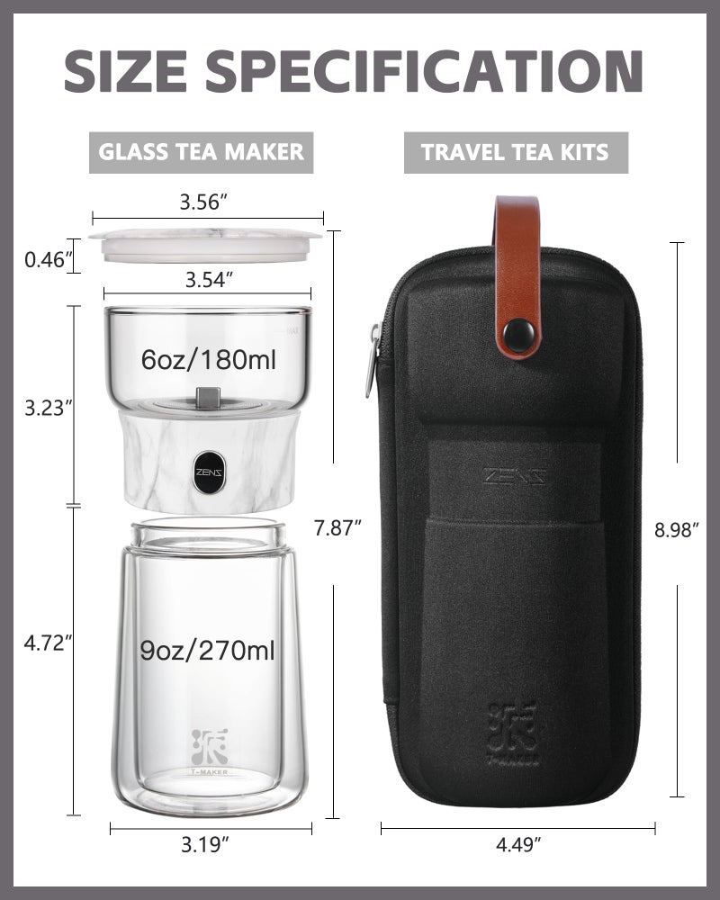 ZENS Modern One Touch Tea Maker, Glass Teapot with Infuser for Loose Leaf Tea Diffusers, Mess-Free Smart Pouring with Insulated Mug and Portable Tea Kits for Tea Lover Gifts - Image 5