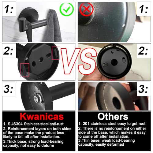 Kwanicas Towel Hooks for Bathrooms,Matte Black Towel Hook for Kitchen Bathroom,SUS304 Stainless Steel Coat Hook,Heavy Duty Double Towels Holder Hooks for Hanging Towels,Coats,sponges,Clothes,Wall Mount,2 Pack - Image 5