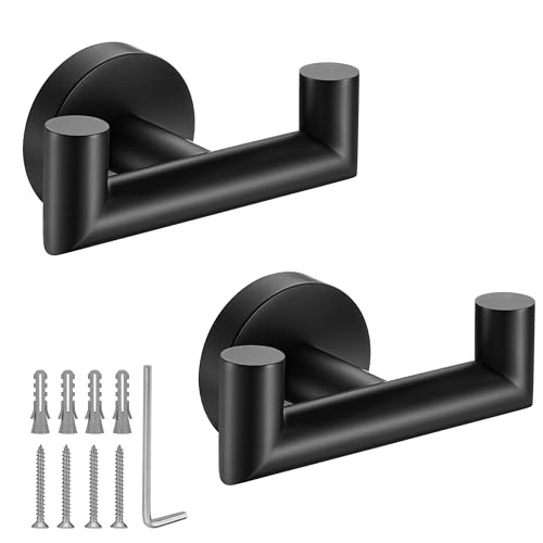 Kwanicas Towel Hooks for Bathrooms,Matte Black Towel Hook for Kitchen Bathroom,SUS304 Stainless Steel Coat Hook,Heavy Duty Double Towels Holder Hooks for Hanging Towels,Coats,sponges,Clothes,Wall Mount,2 Pack - Image 1