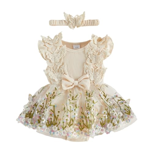 Douhoow Baby Girl Dress Romper Baby Romper Dress Flowers Embroidery Tulle Skirt Infant Girl Summer Clothes with Headband (Apricot A, 3-6 Months) - Image 1