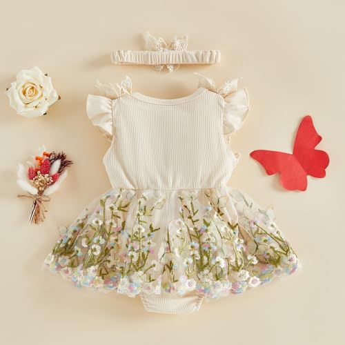 Douhoow Baby Girl Dress Romper Baby Romper Dress Flowers Embroidery Tulle Skirt Infant Girl Summer Clothes with Headband (Apricot A, 3-6 Months) - Image 3