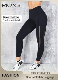 RIOXS Women's Stretch Leggings,High Waist Yoga Pants With Pockets,Sports Mesh Fitness Workout Tights For Women Ladies,4-Way Stretchy Leggings For Pilates Jogging Athletic  - Image 2