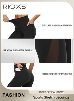 RIOXS Women's Stretch Leggings,High Waist Yoga Pants With Pockets,Sports Mesh Fitness Workout Tights For Women Ladies,4-Way Stretchy Leggings For Pilates Jogging Athletic  - Image 4