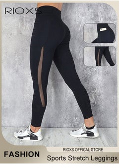 RIOXS Women's Stretch Leggings,High Waist Yoga Pants With Pockets,Sports Mesh Fitness Workout Tights For Women Ladies,4-Way Stretchy Leggings For Pilates Jogging Athletic  - Image 1