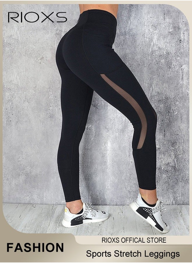 RIOXS - Women's Stretch Leggings,High Waist Yoga Pants With Pockets,Sports Mesh Fitness Workout Tights For Women Ladies,4-Way Stretchy Leggings For Pilates Jogging Athletic - Image 1