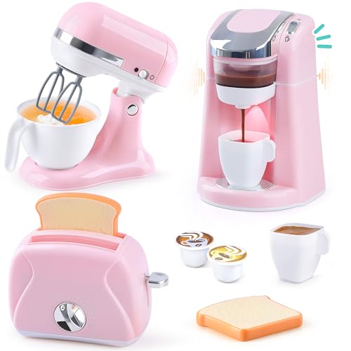 Play Kitchen Appliances Toys Kids Kitchen Playset Accessories Pretend Play Toy Sets with Coffee Maker Mixer Toaster with Realistic Lights Sounds Gifts for Toddler Girls Ages 2 3 4 5 6 7 - Image 1