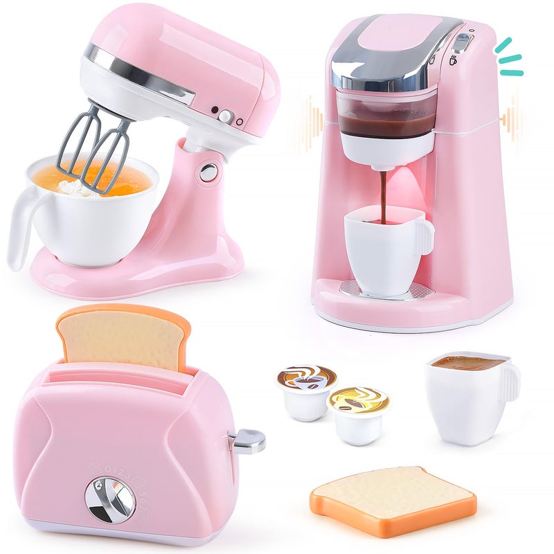 Play Kitchen Appliances Toys Kids Kitchen Playset Accessories Pretend Play Toy Sets with Coffee Maker Mixer Toaster with Realistic Lights Sounds Gifts for Toddler Girls Ages 2 3 4 5 6 7 - Image 3